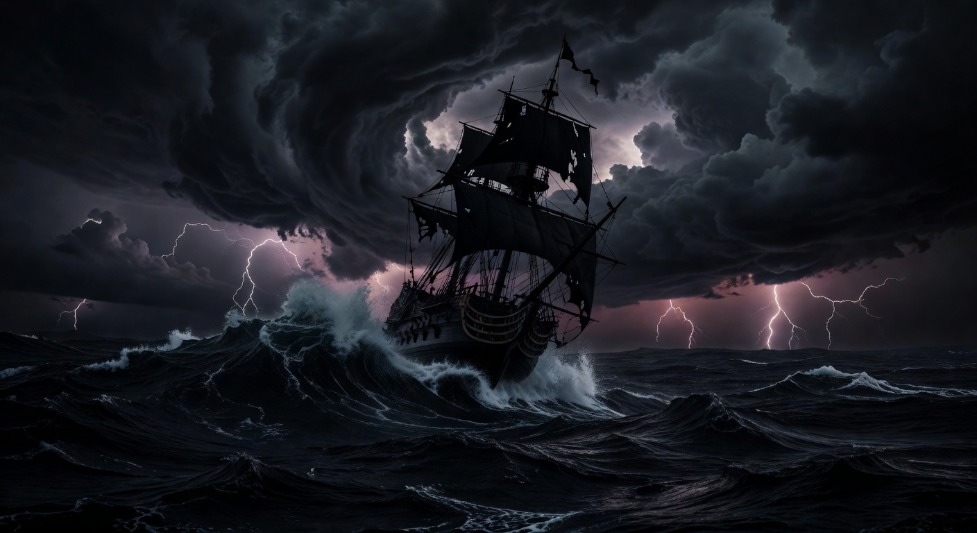 Stormy dark ocean with pirate ship silhouette